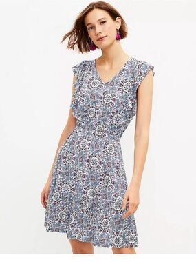 LOFT Medallion Ruffle Flare Mini Dress Size Small petite